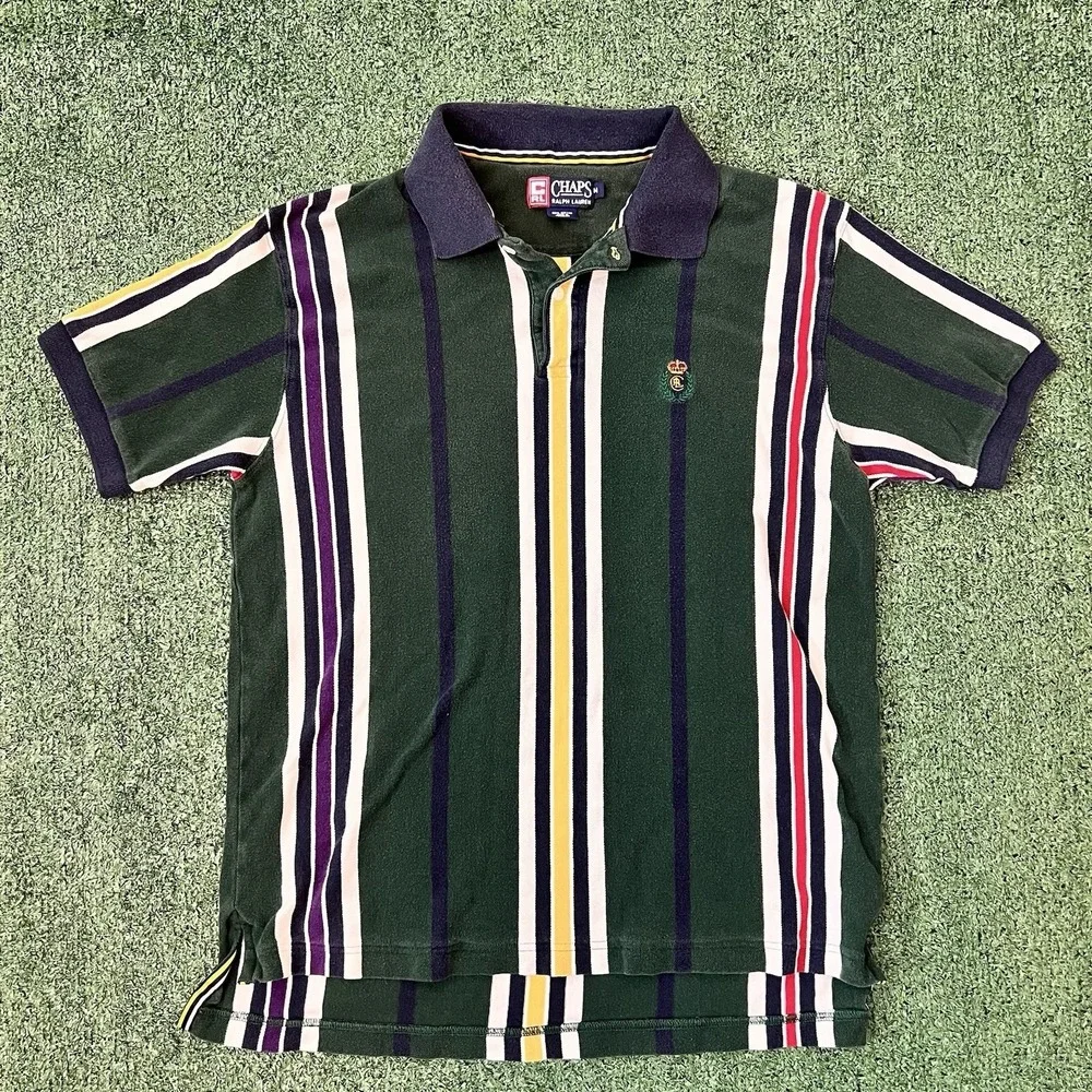 Vintage Ralph Lauren Chaps Polo Shirt Mens M 90s Y2K Multi Color Stripe Prep